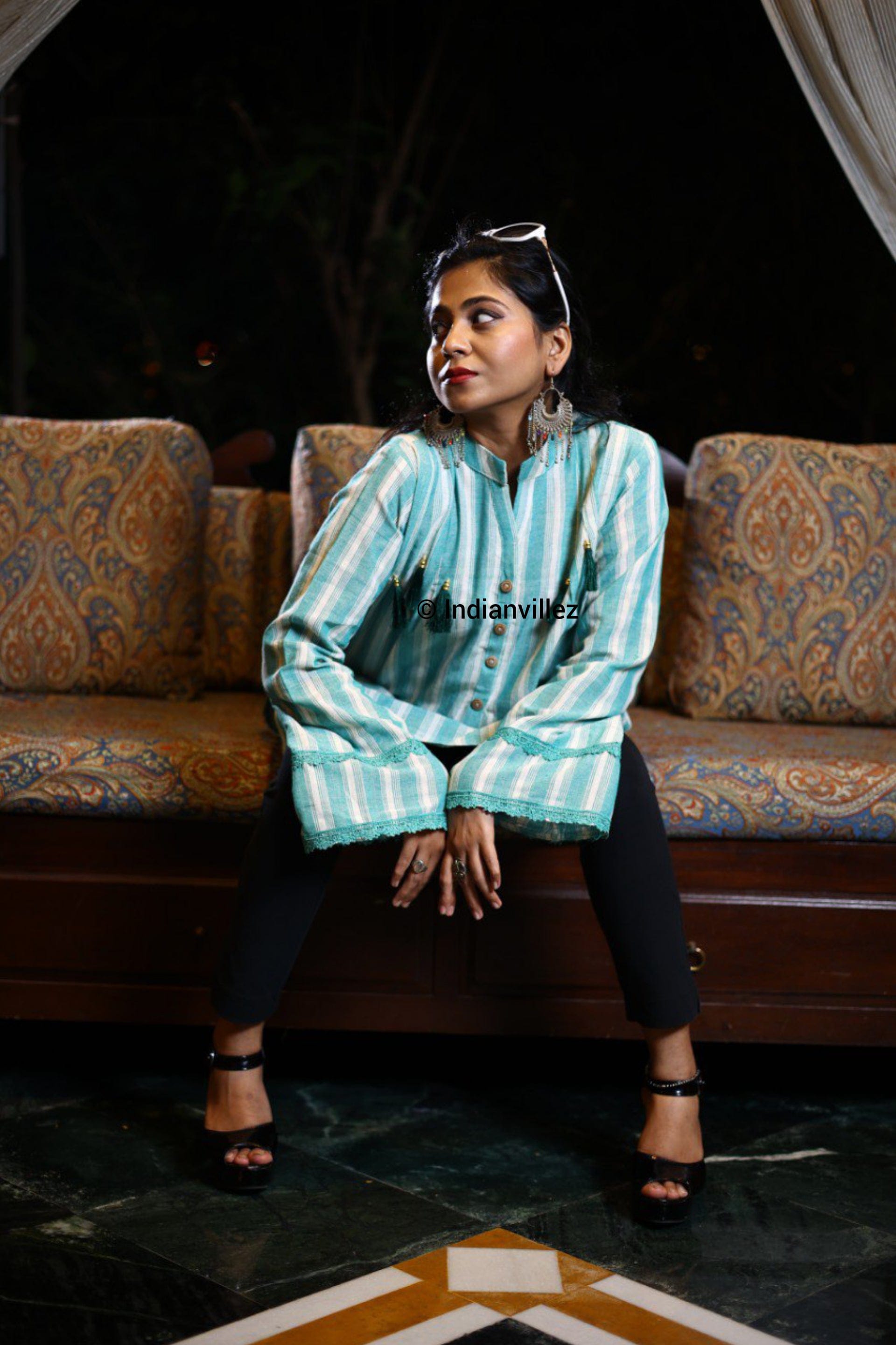 Green & White Stripes Kotpad Organic Cotton Short Kurti