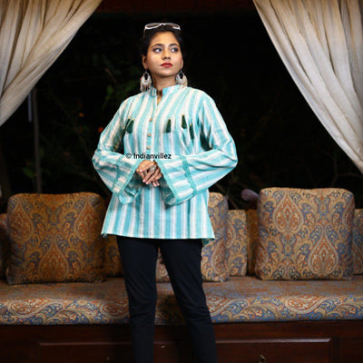 Green & White Stripes Kotpad Organic Cotton Short Kurti