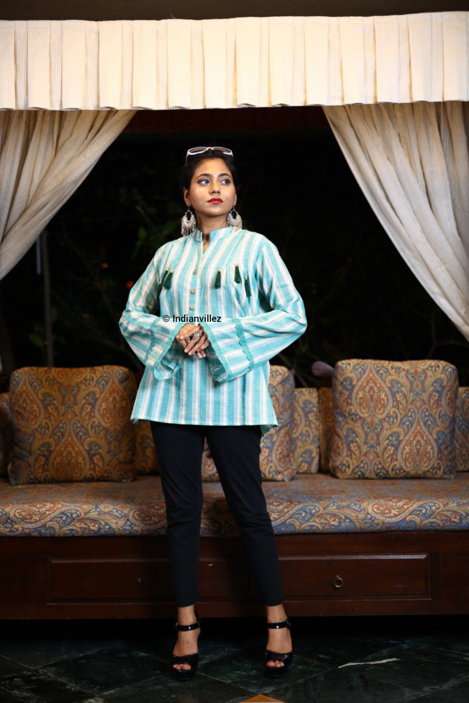 Green & White Stripes Kotpad Organic Cotton Short Kurti