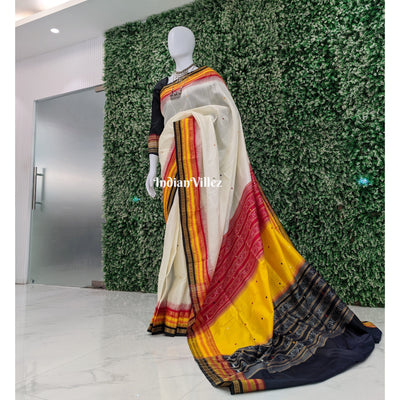 White Kathiphera Ikat Odisha Handloom Khandua Silk Saree