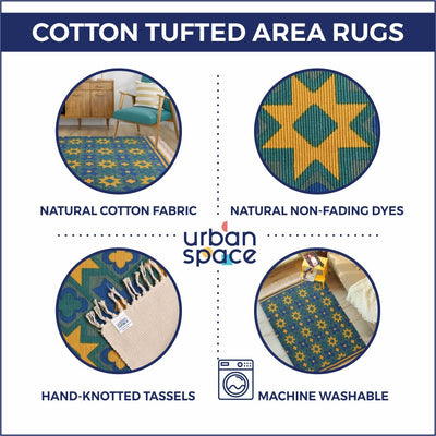 Boho Natural Cotton Area Rug/Dhurrie/Floor Carpet, Printed Rugs for Living Room with Tassels - (TUFRUGS_008)