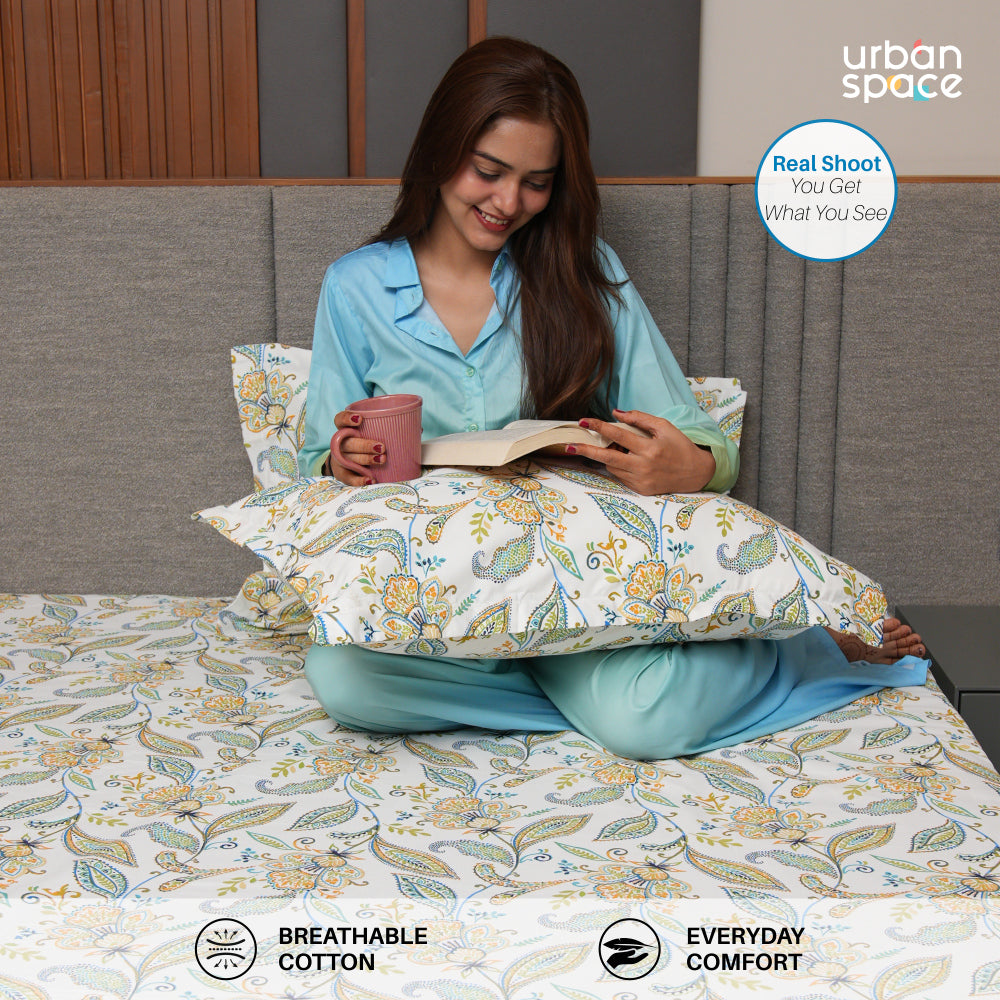 Serene 200 TC 100% Cotton Single Bedsheet with Pillow Covers - Iris Blue
