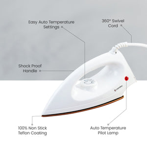 Light Weight Electric Dry Iron White 100% Non Stick Teflon Coating