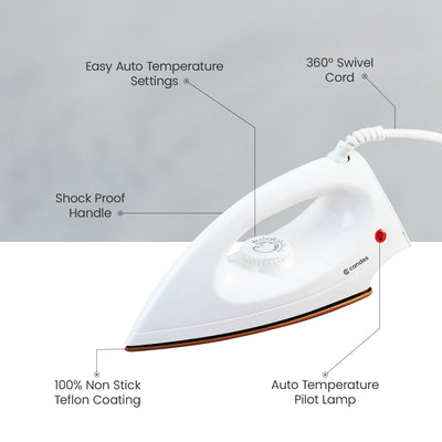 Light Weight Electric Dry Iron White 100% Non Stick Teflon Coating