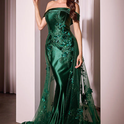 Satin Off Shoulder Tulle Overskirt Gown by Ladivine J876