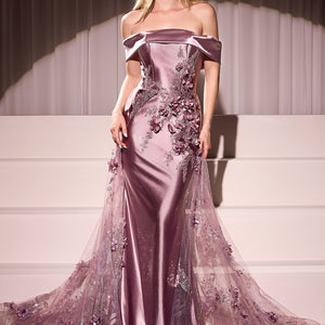 Satin Off Shoulder Tulle Overskirt Gown by Ladivine J876