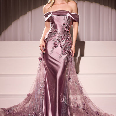 Satin Off Shoulder Tulle Overskirt Gown by Ladivine J876