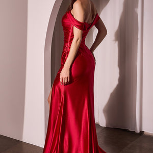 Satin Fitted Off Shoulder Slit Gown by Ladivine J877