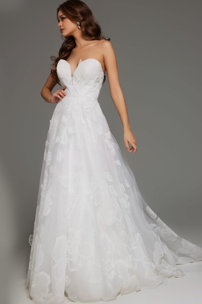 Jovani JB42324 A Line Long Floral Wedding Dress