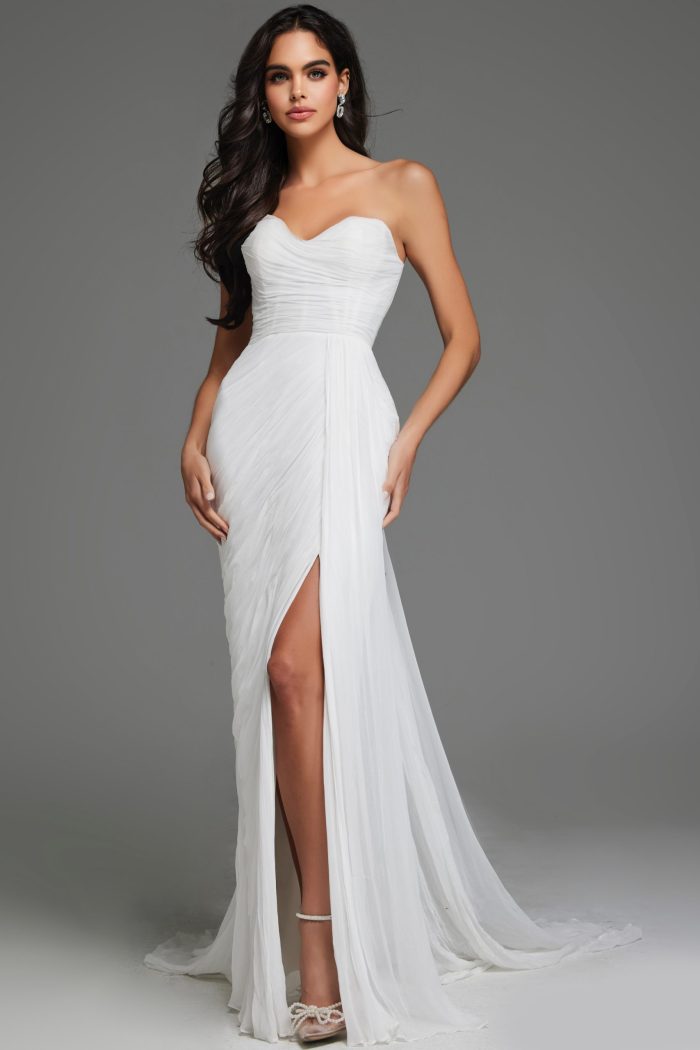 Jovani JB43897 Bridal Gown Draped Long High Slit Wedding Dress