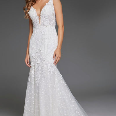 Jovani JB43961 Floral Lace Bridal Gown Long V Neck Wedding Dress