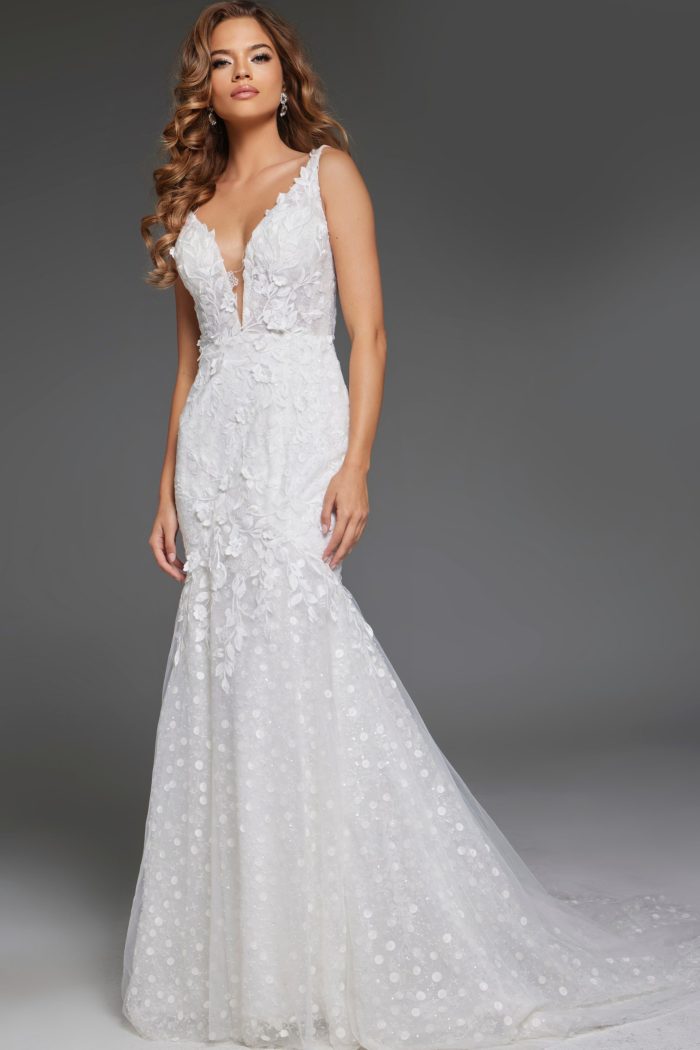 Jovani JB43961 Floral Lace Bridal Gown Long V Neck Wedding Dress
