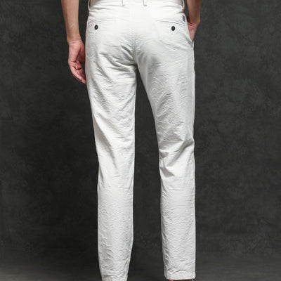 Rare Rabbit Men's Jeck-2 White Mid-Rise Regular Fit Premium Jacquard Trouser