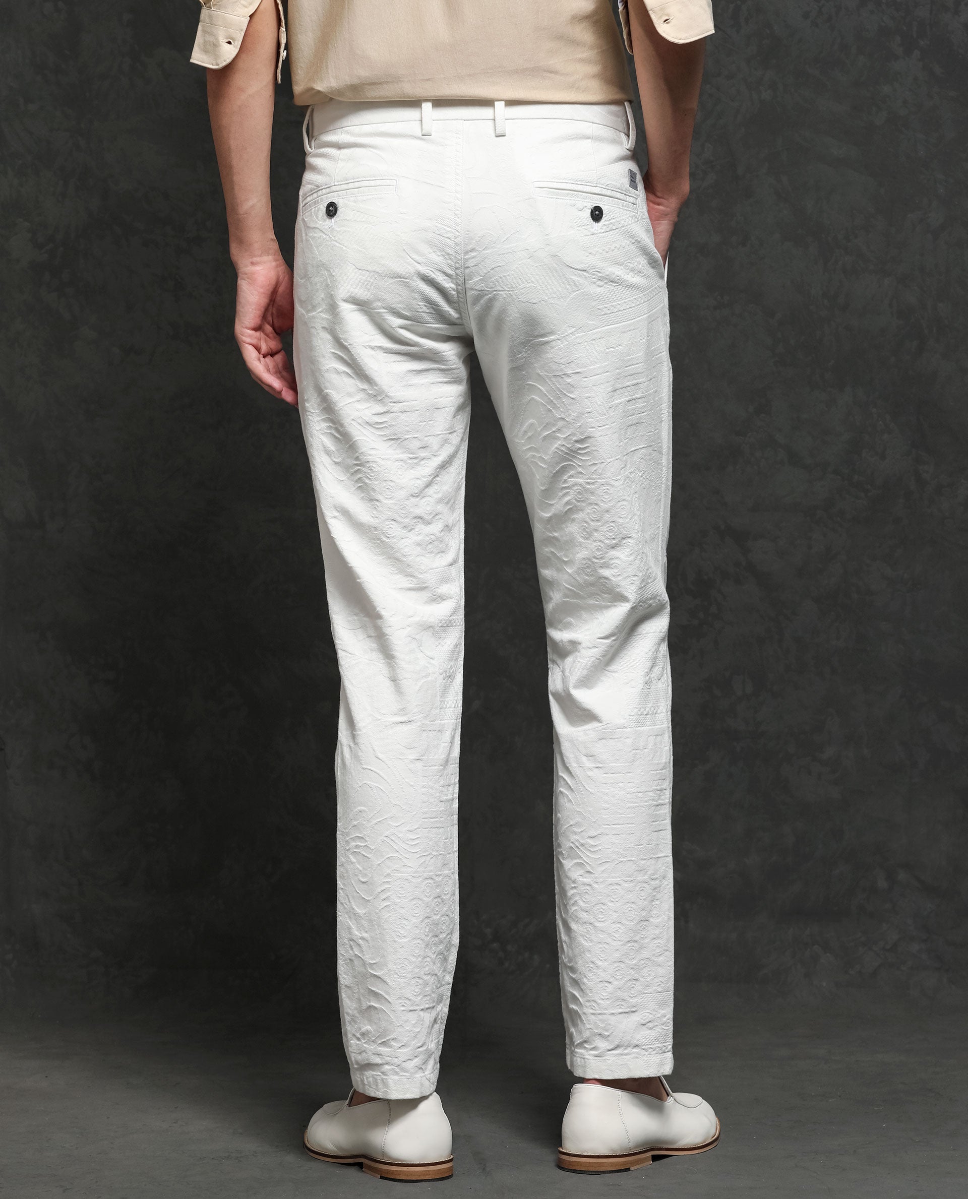 Rare Rabbit Men's Jeck-2 White Mid-Rise Regular Fit Premium Jacquard Trouser