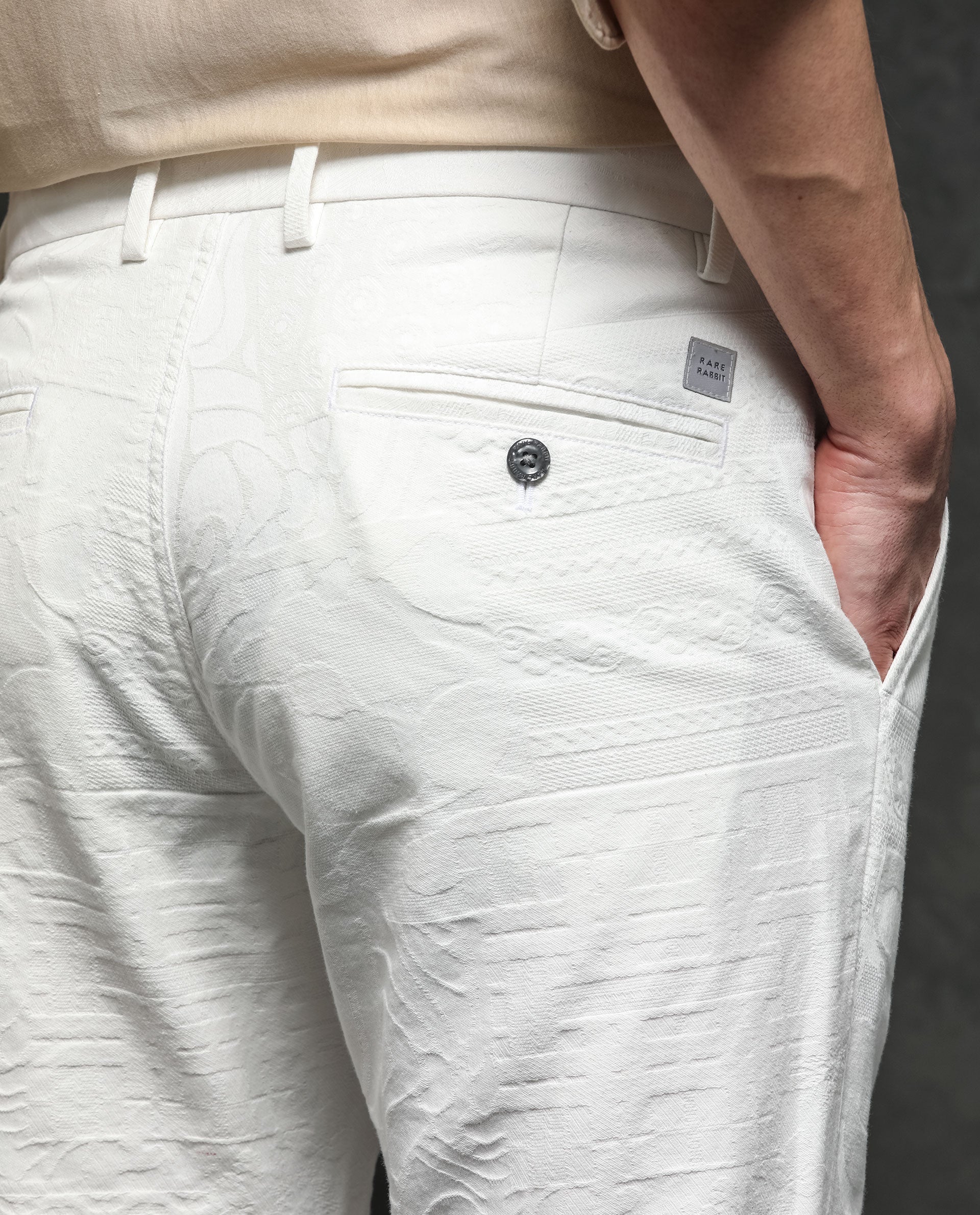 Rare Rabbit Men's Jeck-2 White Mid-Rise Regular Fit Premium Jacquard Trouser