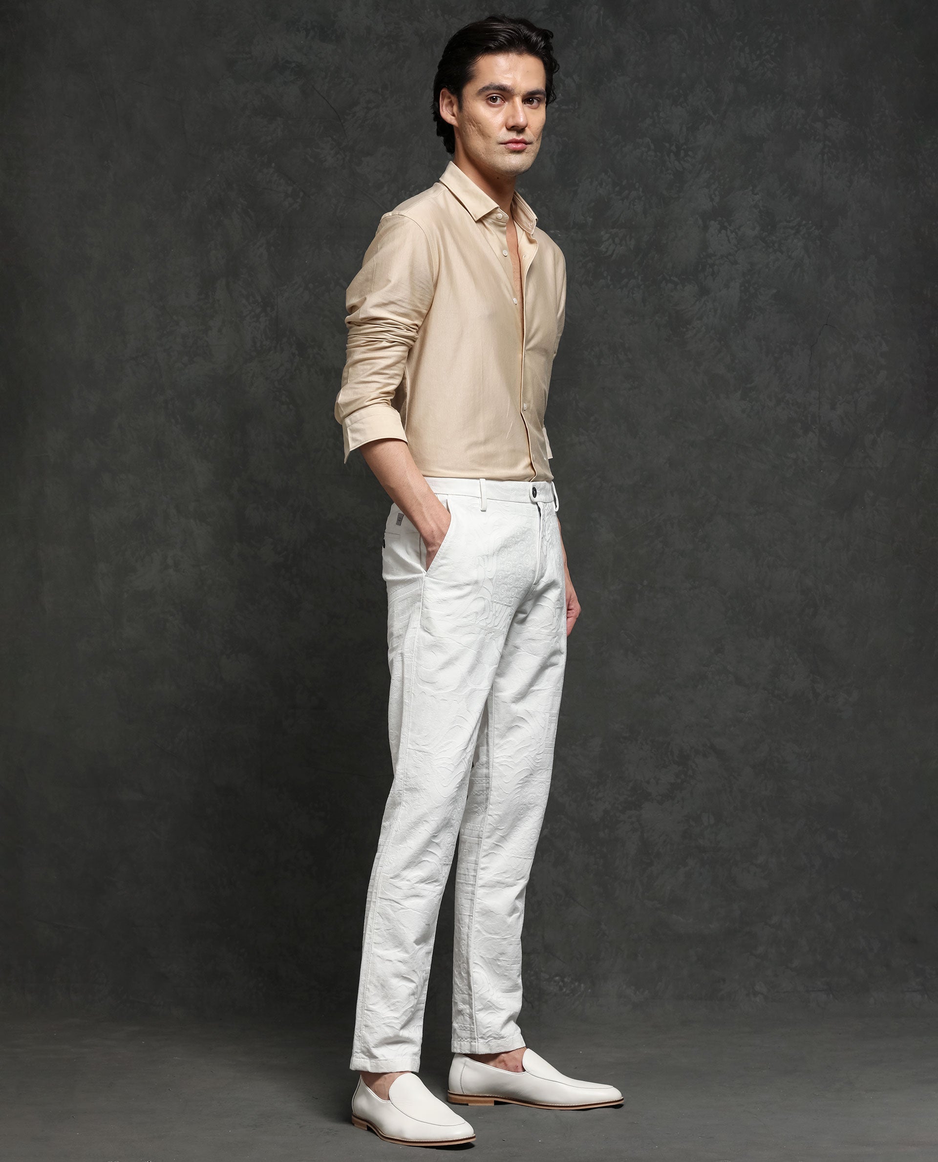 Rare Rabbit Men's Jeck-2 White Mid-Rise Regular Fit Premium Jacquard Trouser