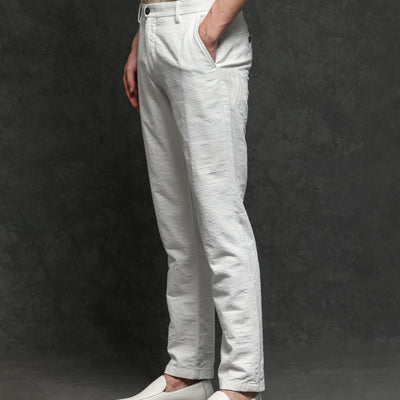 Rare Rabbit Men's Jeck-2 White Mid-Rise Regular Fit Premium Jacquard Trouser