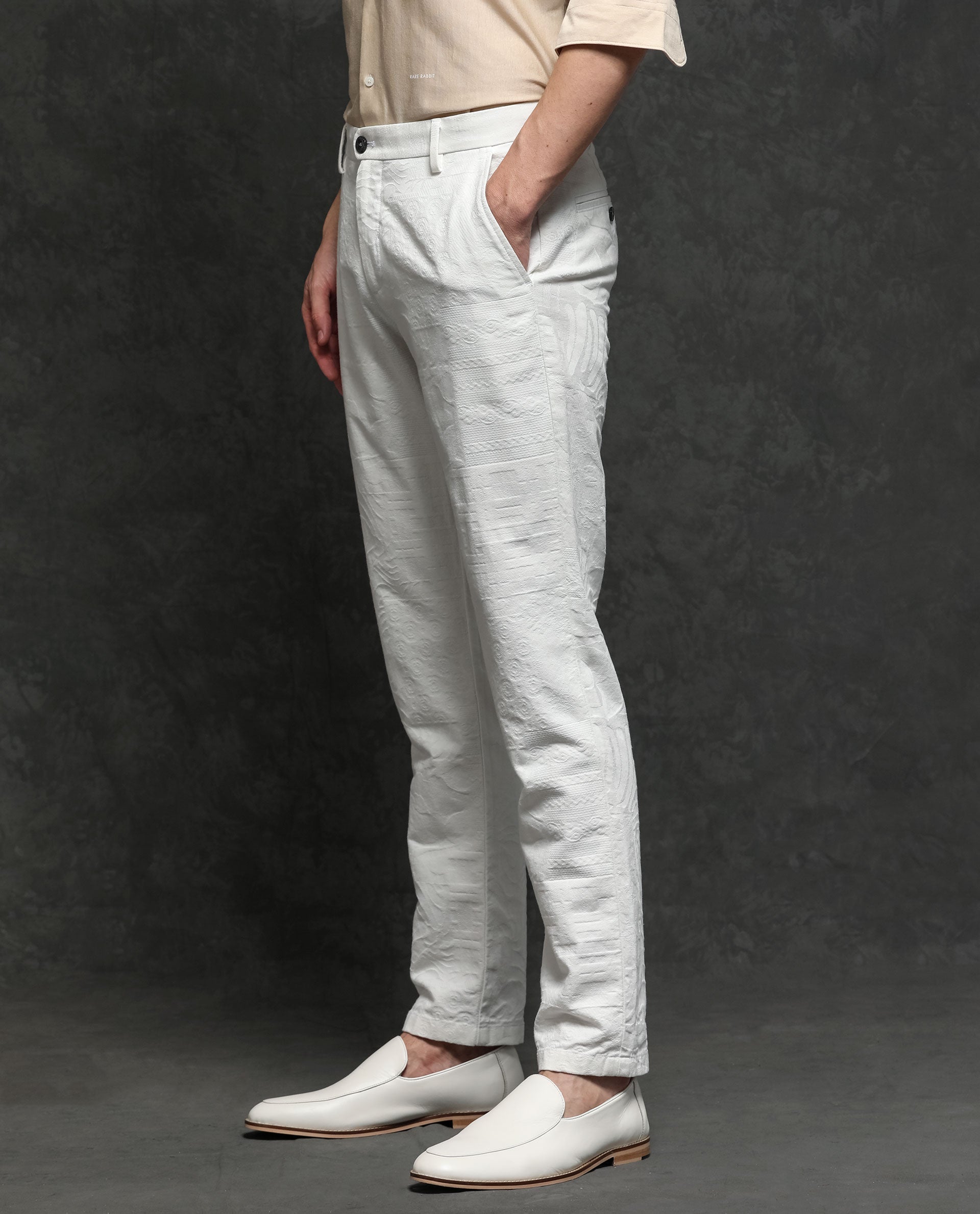 Rare Rabbit Men's Jeck-2 White Mid-Rise Regular Fit Premium Jacquard Trouser