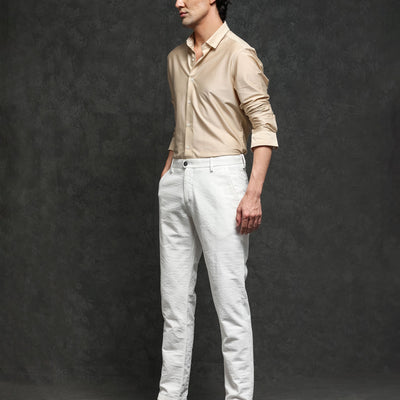 Rare Rabbit Men's Jeck-2 White Mid-Rise Regular Fit Premium Jacquard Trouser