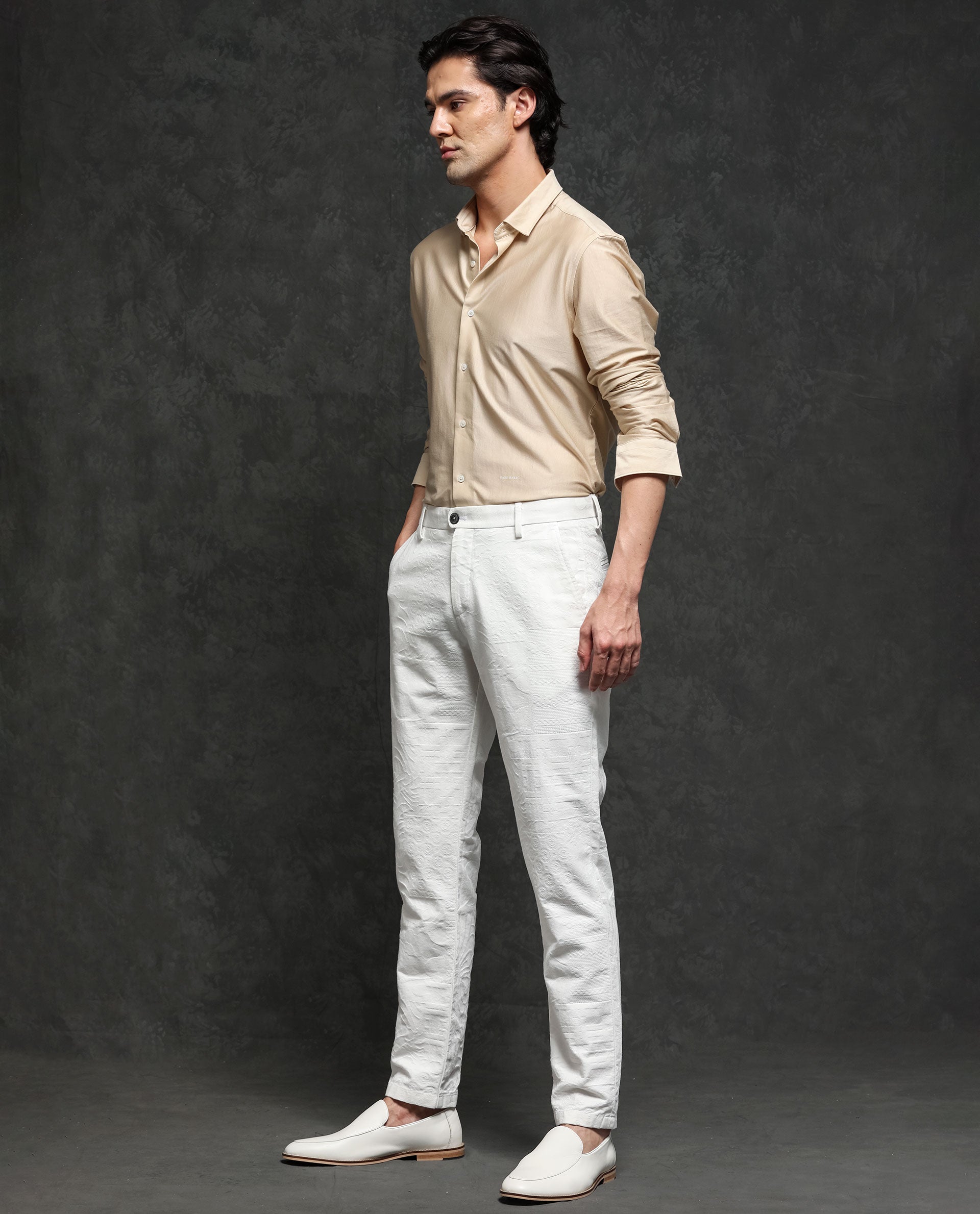 Rare Rabbit Men's Jeck-2 White Mid-Rise Regular Fit Premium Jacquard Trouser