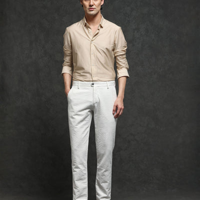 Rare Rabbit Men's Jeck-2 White Mid-Rise Regular Fit Premium Jacquard Trouser