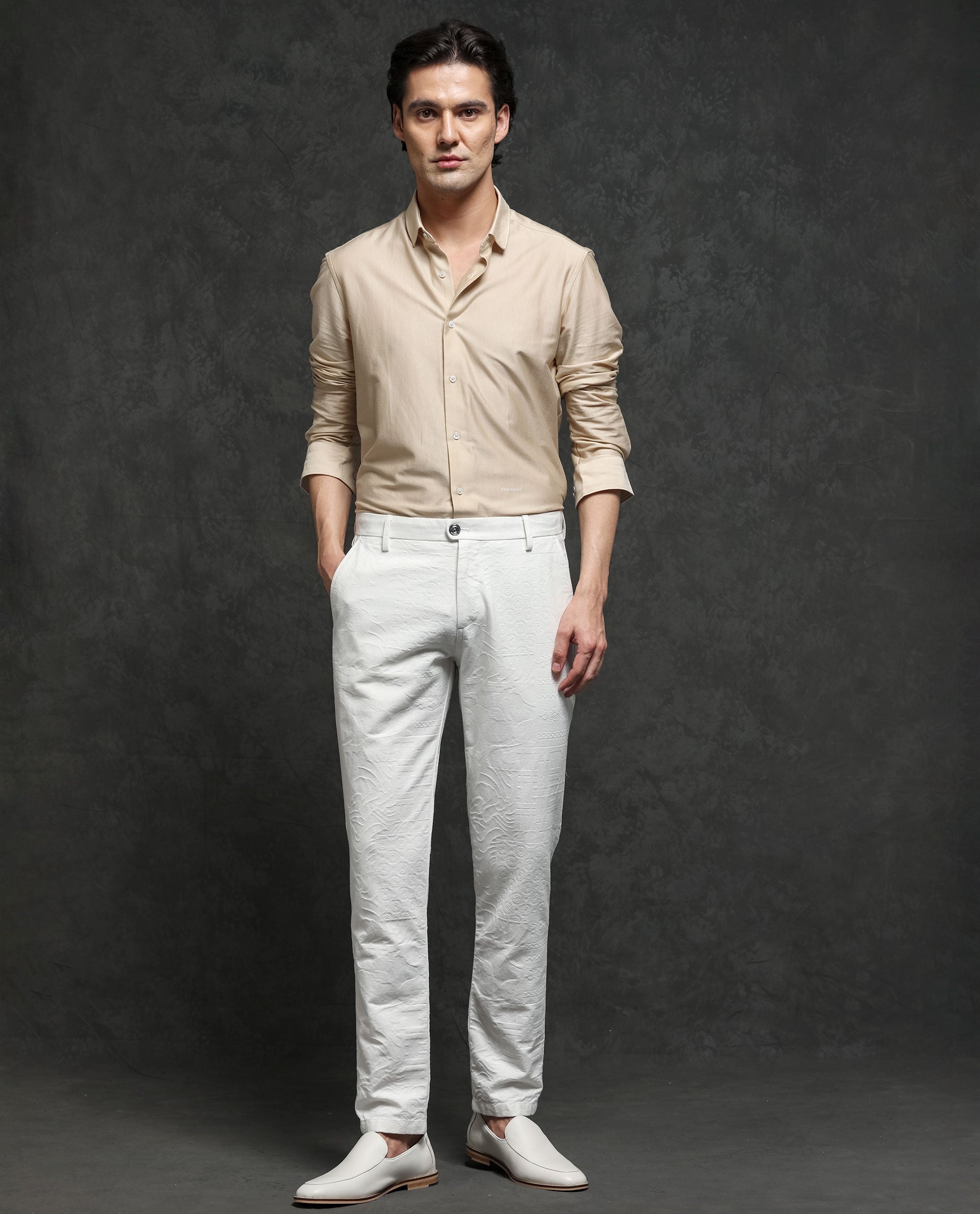 Rare Rabbit Men's Jeck-2 White Mid-Rise Regular Fit Premium Jacquard Trouser