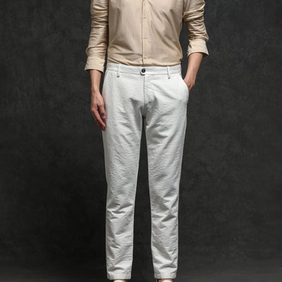 Rare Rabbit Men's Jeck-2 White Mid-Rise Regular Fit Premium Jacquard Trouser