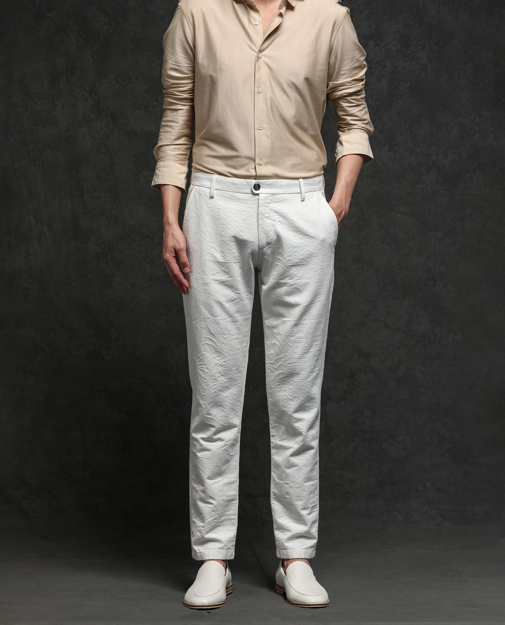 Rare Rabbit Men's Jeck-2 White Mid-Rise Regular Fit Premium Jacquard Trouser