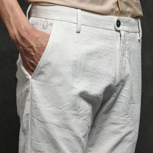 Rare Rabbit Men's Jeck-2 White Mid-Rise Regular Fit Premium Jacquard Trouser