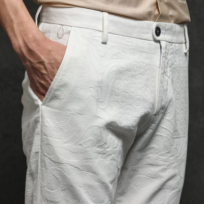 Rare Rabbit Men's Jeck-2 White Mid-Rise Regular Fit Premium Jacquard Trouser