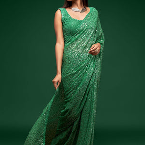 Green Sequins Embroidered Saree In Georgette