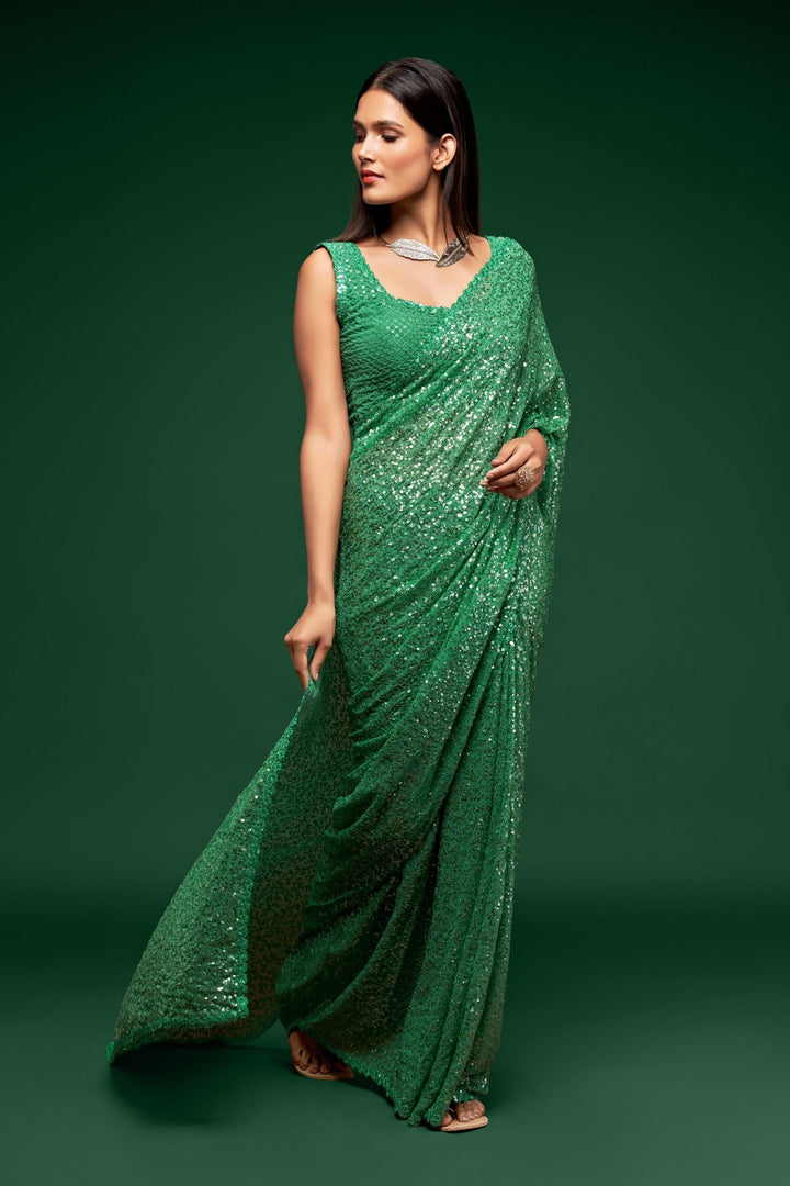 Green Sequins Embroidered Saree In Georgette