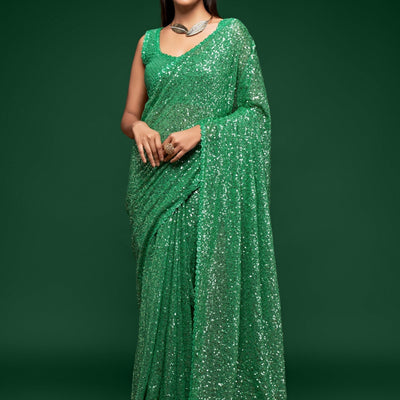 Green Sequins Embroidered Saree In Georgette