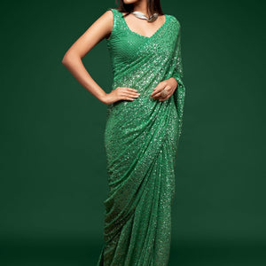 Green Sequins Embroidered Saree In Georgette