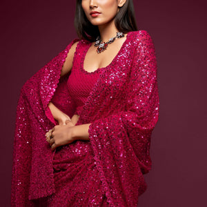 Hot Pink Party Wear Sequins Embroidered Saree In Georgette