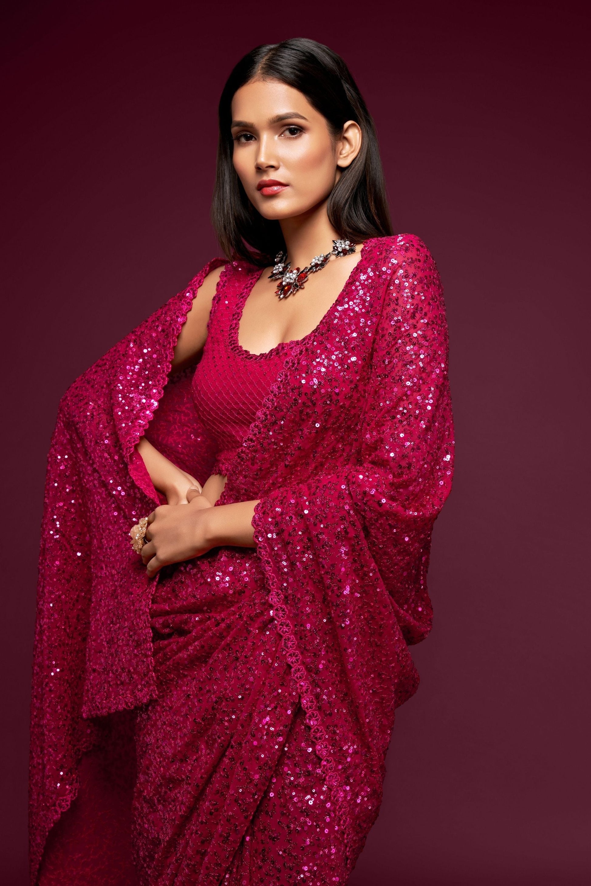 Hot Pink Party Wear Sequins Embroidered Saree In Georgette