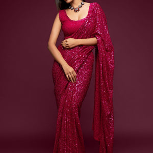 Hot Pink Party Wear Sequins Embroidered Saree In Georgette