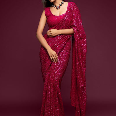 Hot Pink Party Wear Sequins Embroidered Saree In Georgette