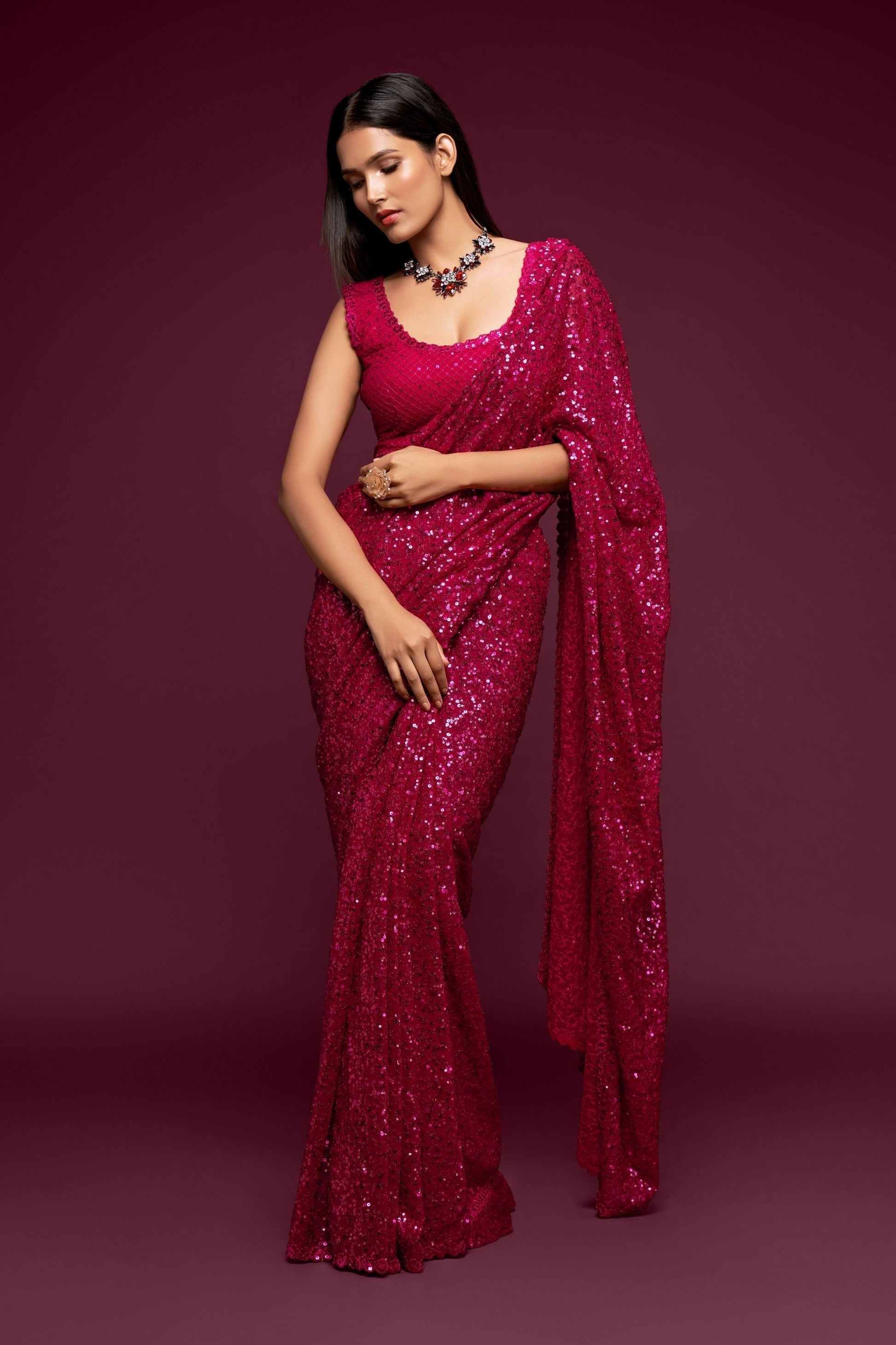 Hot Pink Party Wear Sequins Embroidered Saree In Georgette
