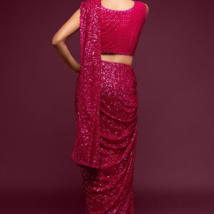 Hot Pink Party Wear Sequins Embroidered Saree In Georgette