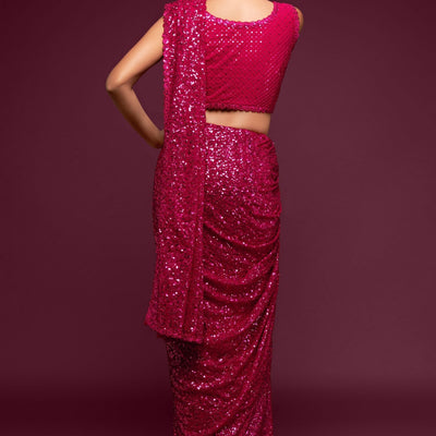 Hot Pink Party Wear Sequins Embroidered Saree In Georgette
