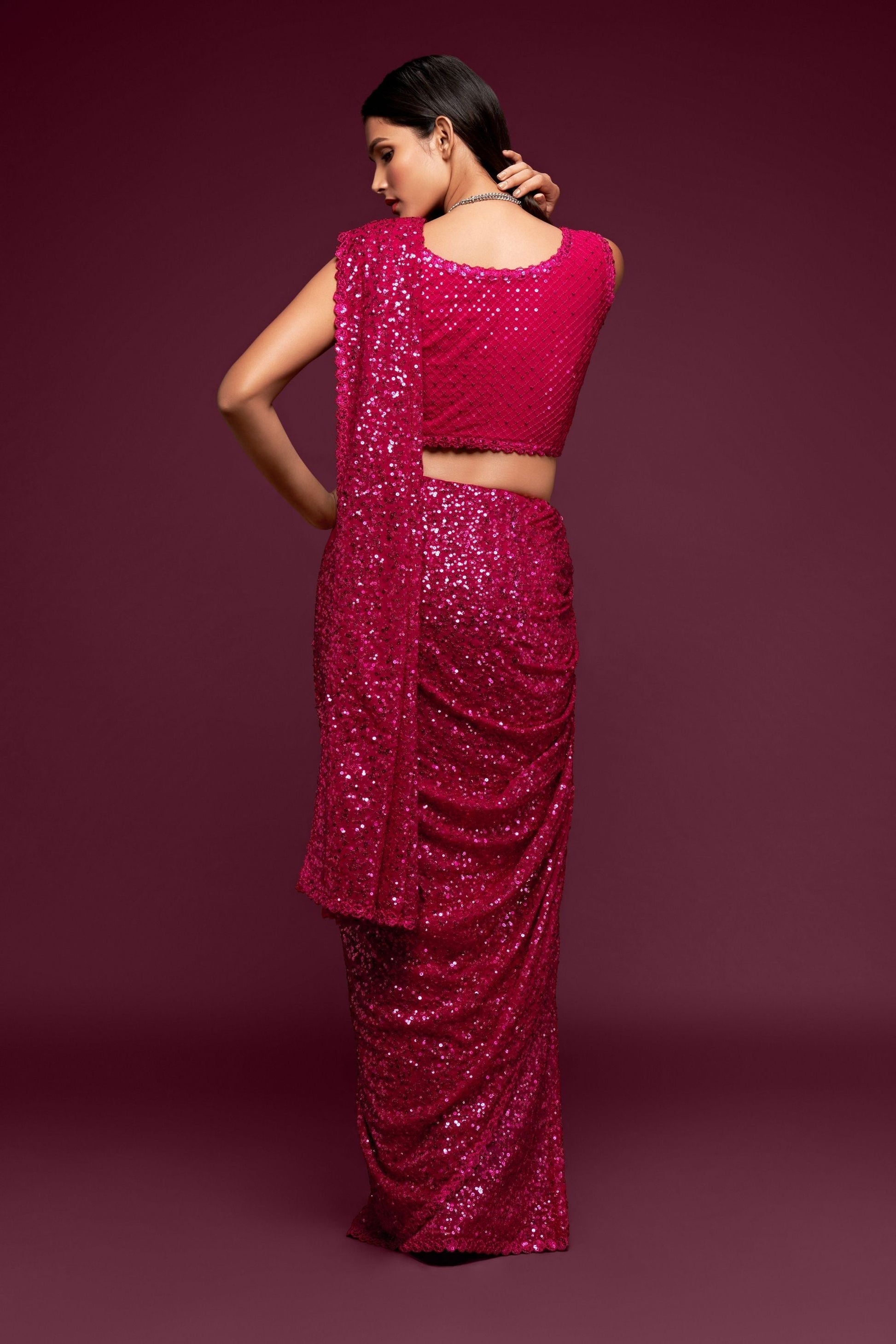 Hot Pink Party Wear Sequins Embroidered Saree In Georgette