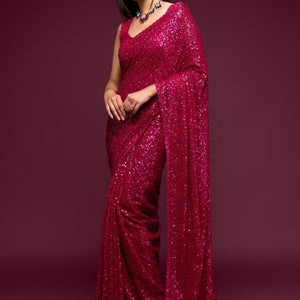 Hot Pink Party Wear Sequins Embroidered Saree In Georgette