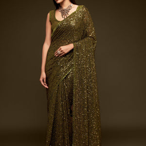 Georgette Green Saree With Heavy Sequined Blouse