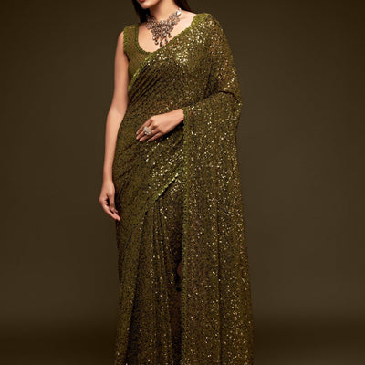 Georgette Green Saree With Heavy Sequined Blouse