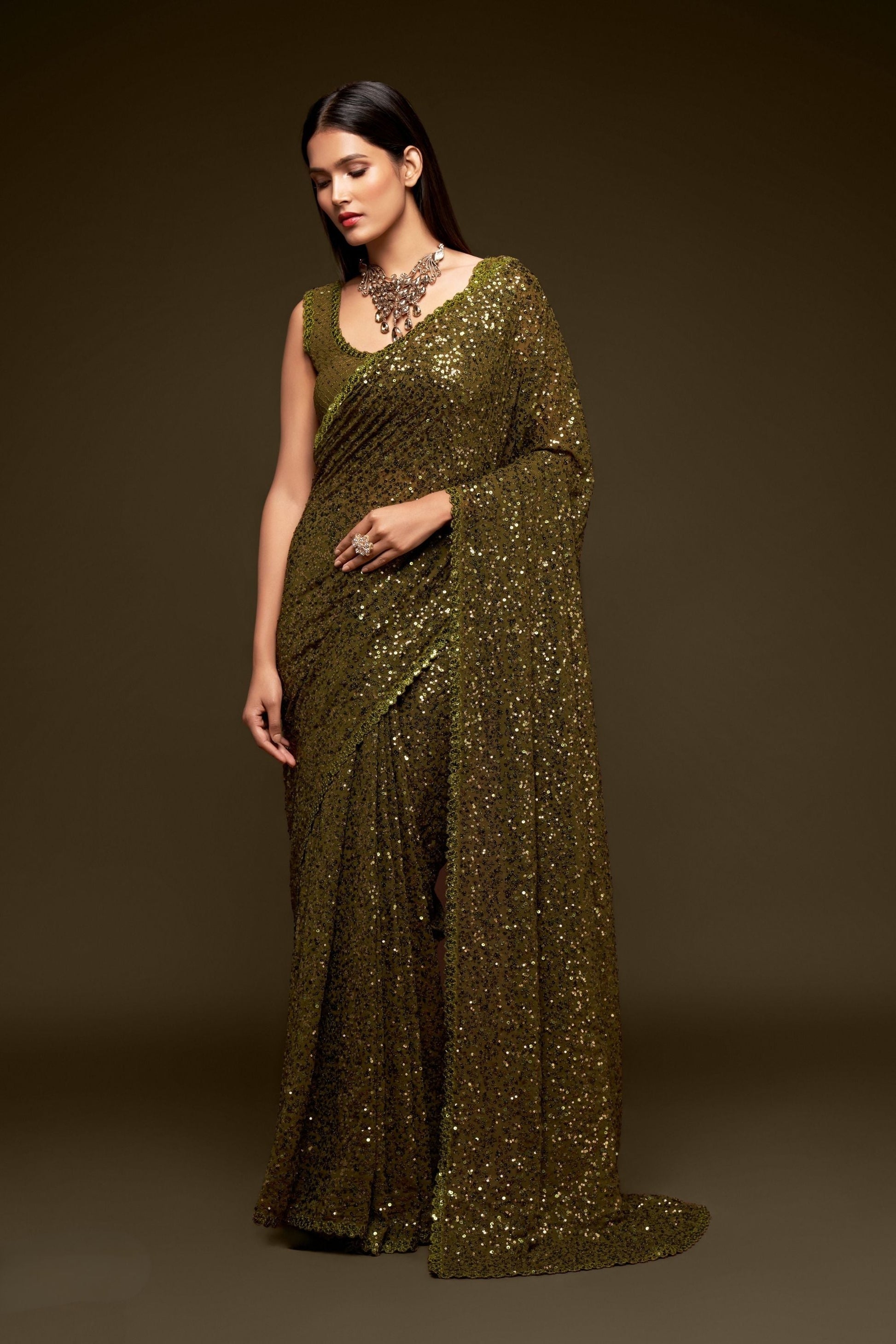 Georgette Green Saree With Heavy Sequined Blouse