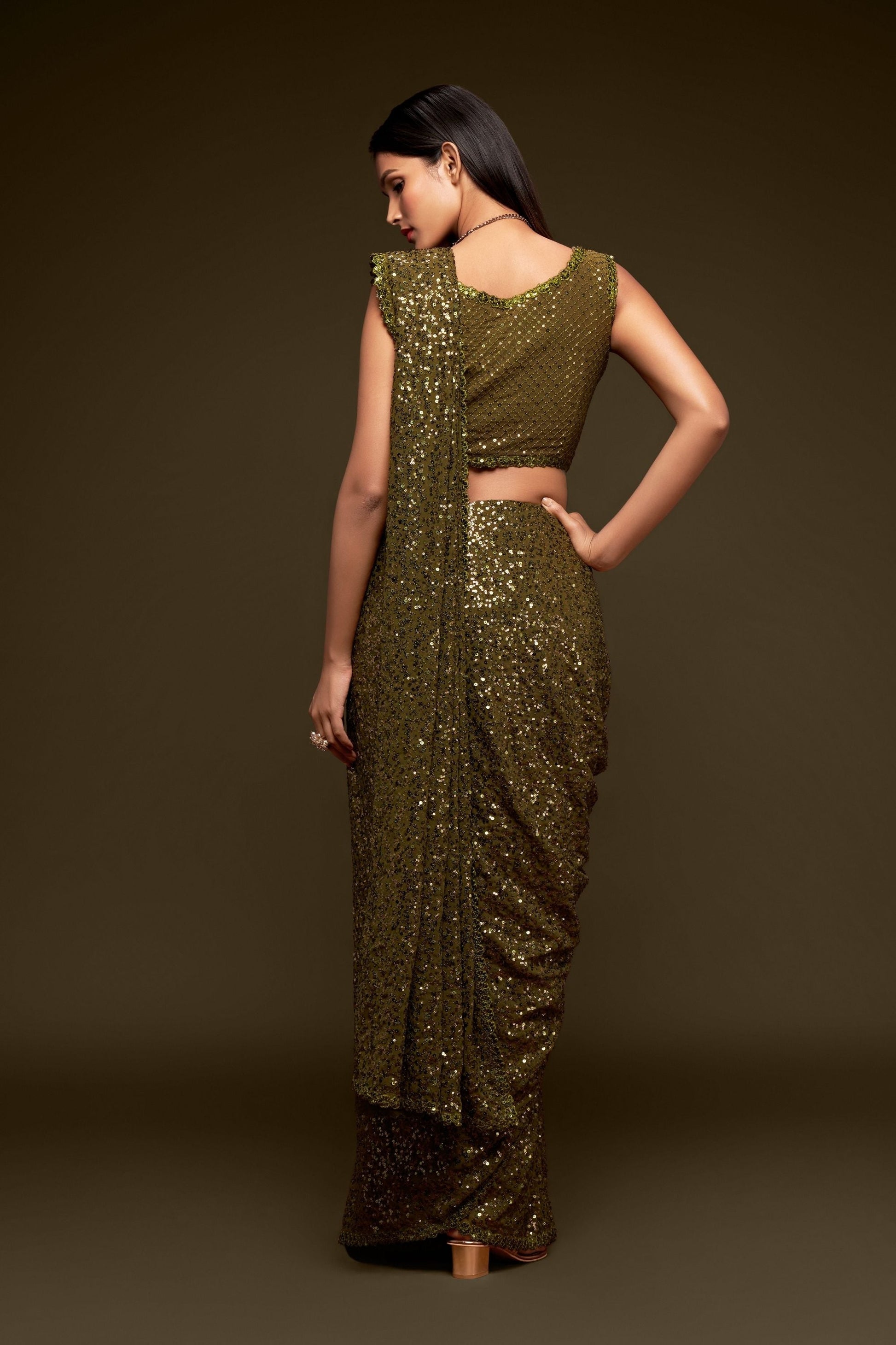 Georgette Green Saree With Heavy Sequined Blouse
