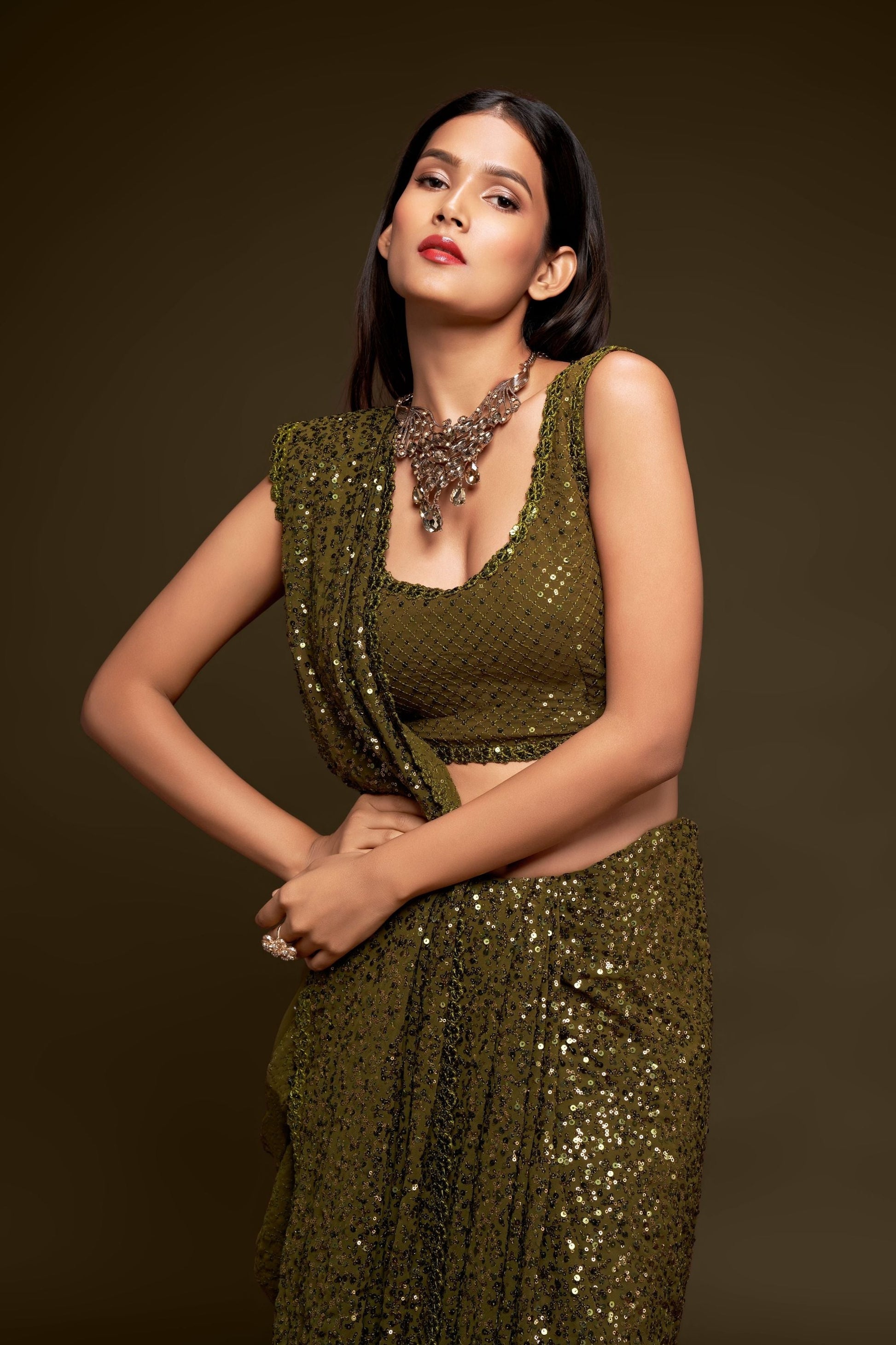 Georgette Green Saree With Heavy Sequined Blouse