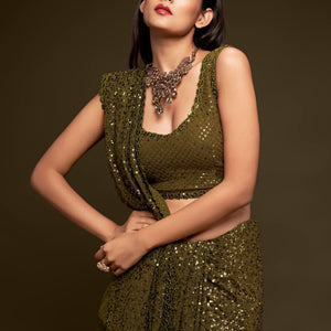 Georgette Green Saree With Heavy Sequined Blouse