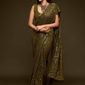 Georgette Green Saree With Heavy Sequined Blouse